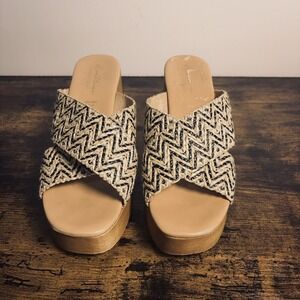 AVELLINI Platform Slide Sandals Sz 9 Black Tan Woven X Straps Chunky Heel ITALY